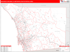 San Diego-Carlsbad Metro Area Digital Map Red Line Style